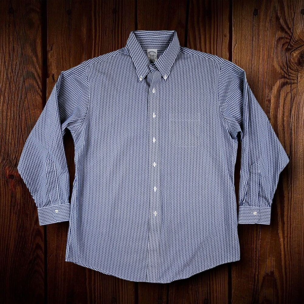 Brooks Brothers Regent Size 17 Original Polo Shirt Supima Navy Blue Gingham